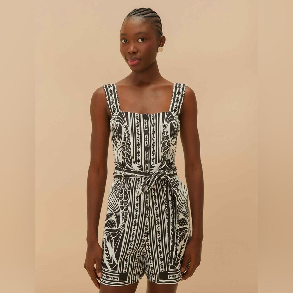 Farm Rio Off-White Monochrome Elegance Scarf Romper M - Picture 4 of 7